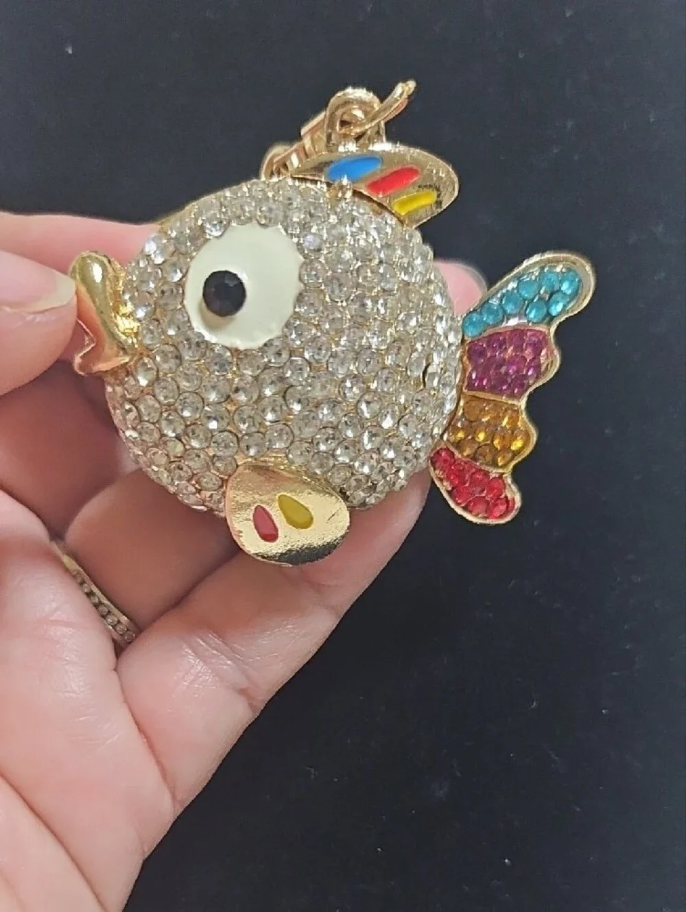 Source Unknown Gold Rhinestone Fish Keychain with Blue Pink Yellow Red Accents